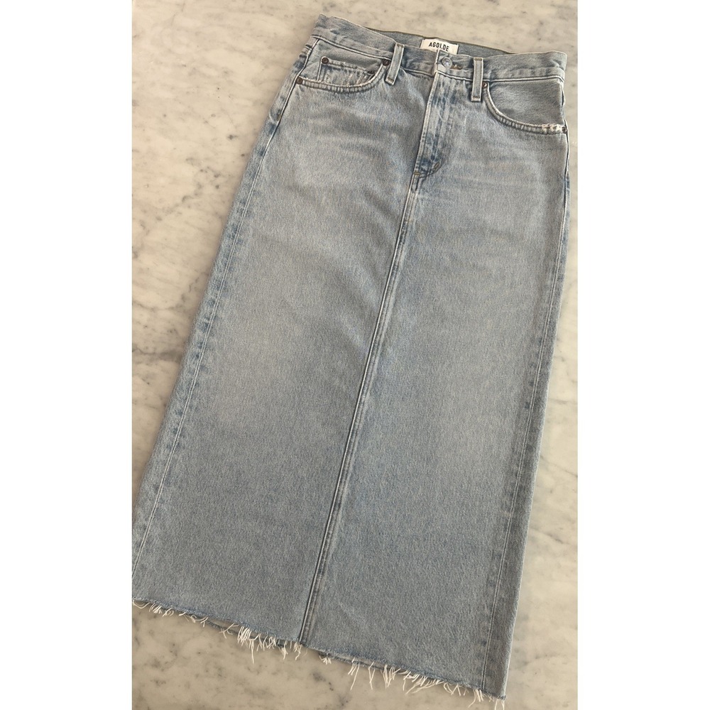 AGOLDE Denim Maxi Skirt Light Wash Raw Hem Back Slit High Rise Size 24 NWOT - Picture 3 of 10